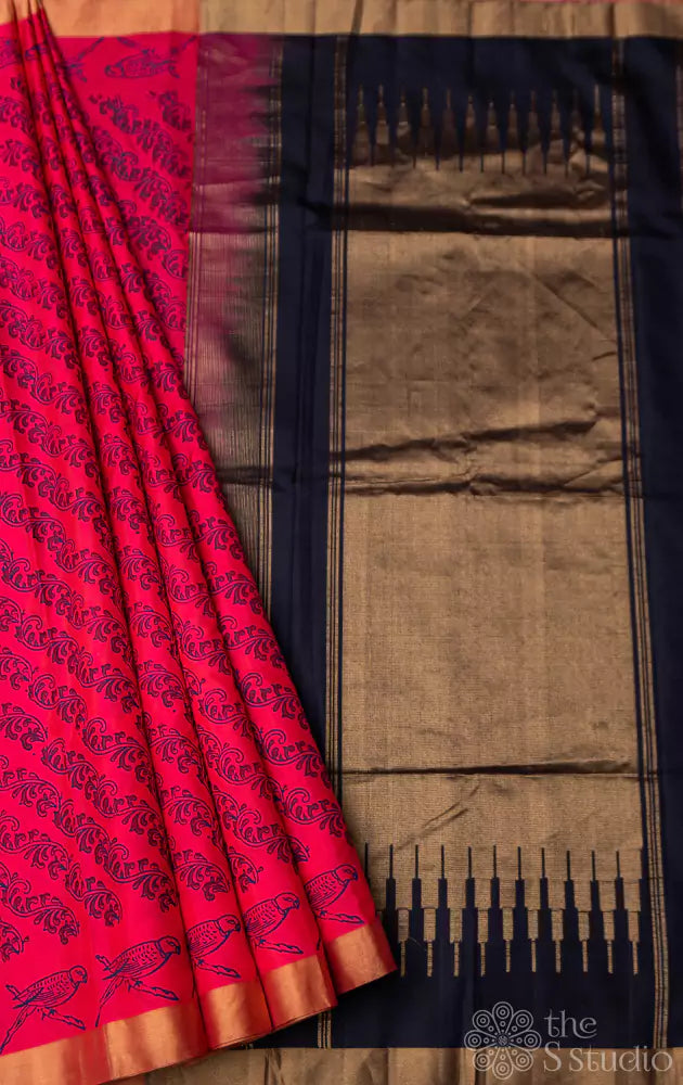 Rose soft silk saree with block prints and navy blue pallu