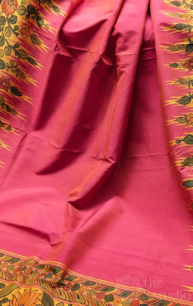 Peach kanchi silk saree with hand painted kalamkari motifs on mustard border