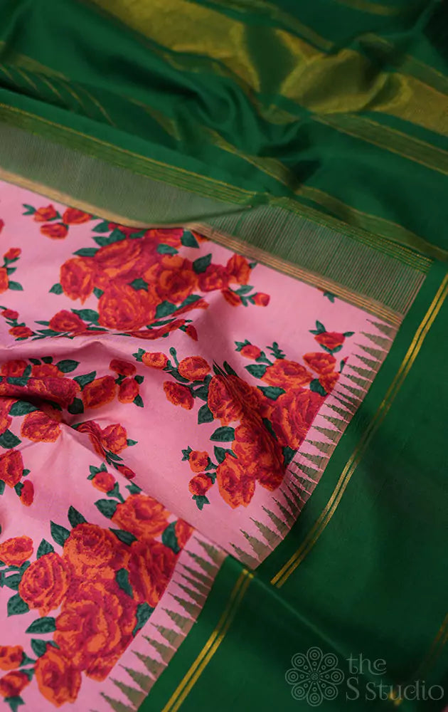 Lotus pink korvai kanchi silk saree with floral prints