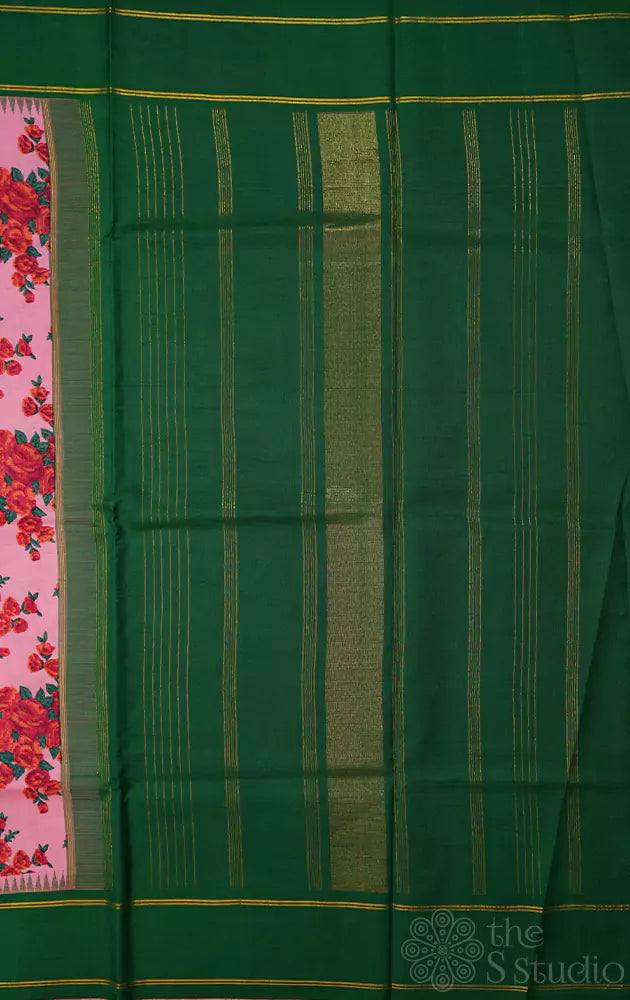 Lotus pink korvai kanchi silk saree with floral prints