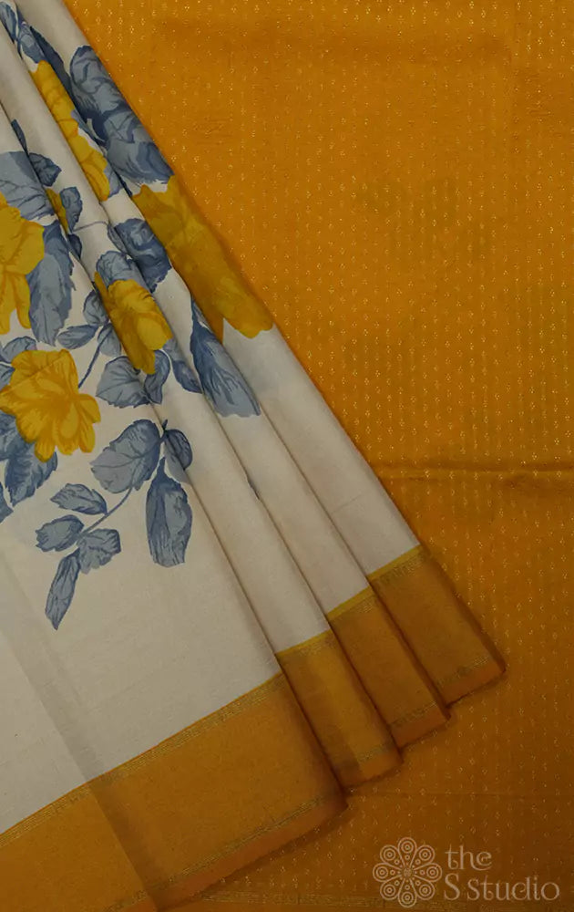 Off white kanchi silk saree with floral prints