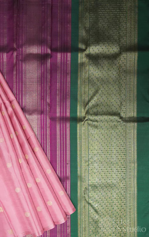 Onion pink kanchi silk saree with double colours pallu