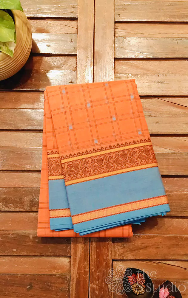 Orange checked kanchi cotton saree with blue border