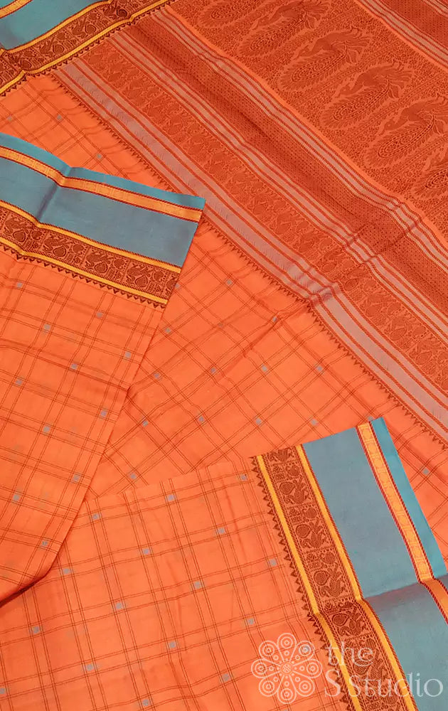 Orange checked kanchi cotton saree with blue border
