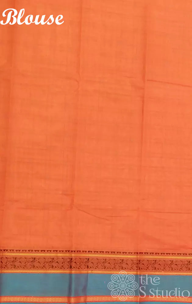 Orange checked kanchi cotton saree with blue border