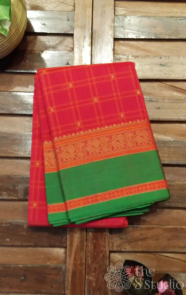 Red checked kanchi cotton saree with green border