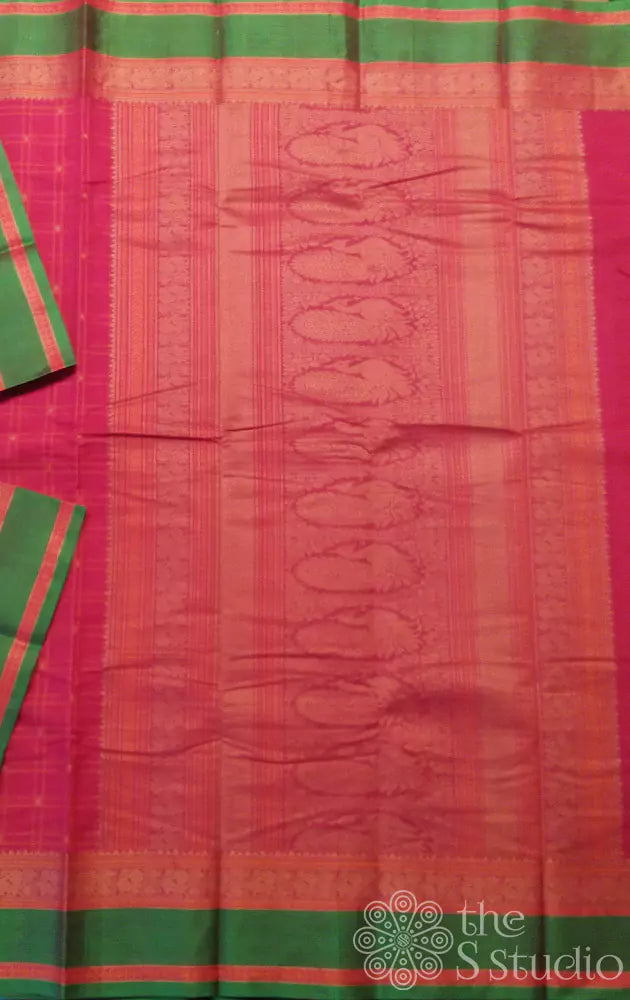 Red checked kanchi cotton saree with green border