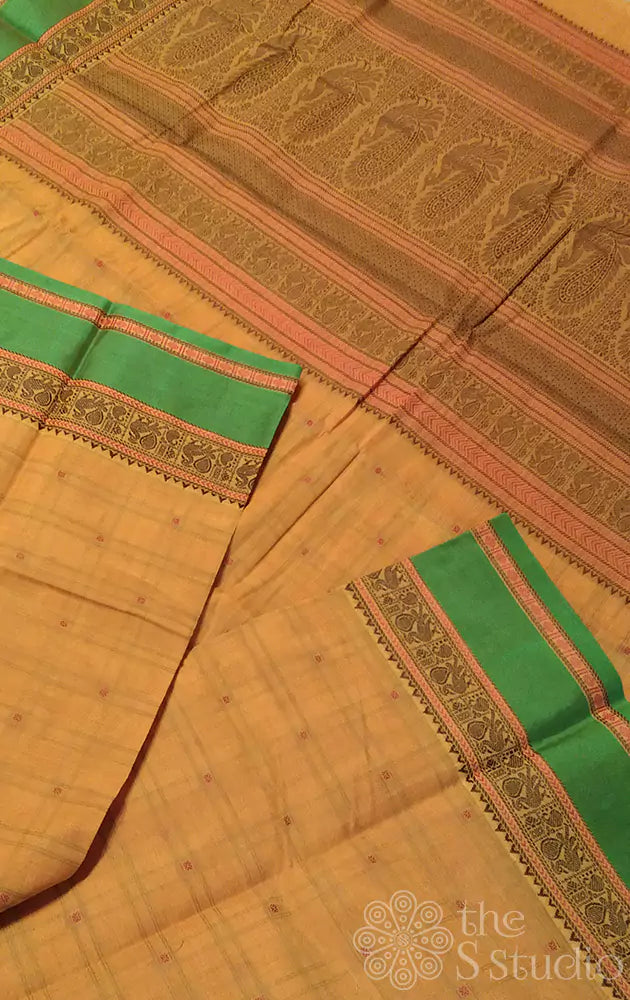 Yellow checked kanchi cotton saree with green border