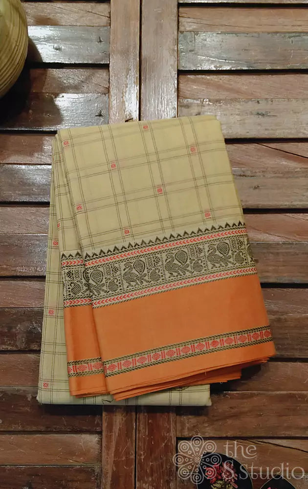 Off white checked kanchi cotton saree with orange border