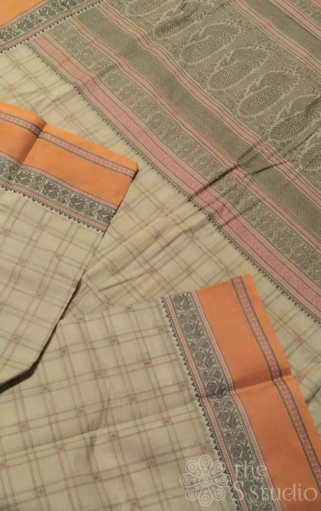 Off white checked kanchi cotton saree with orange border
