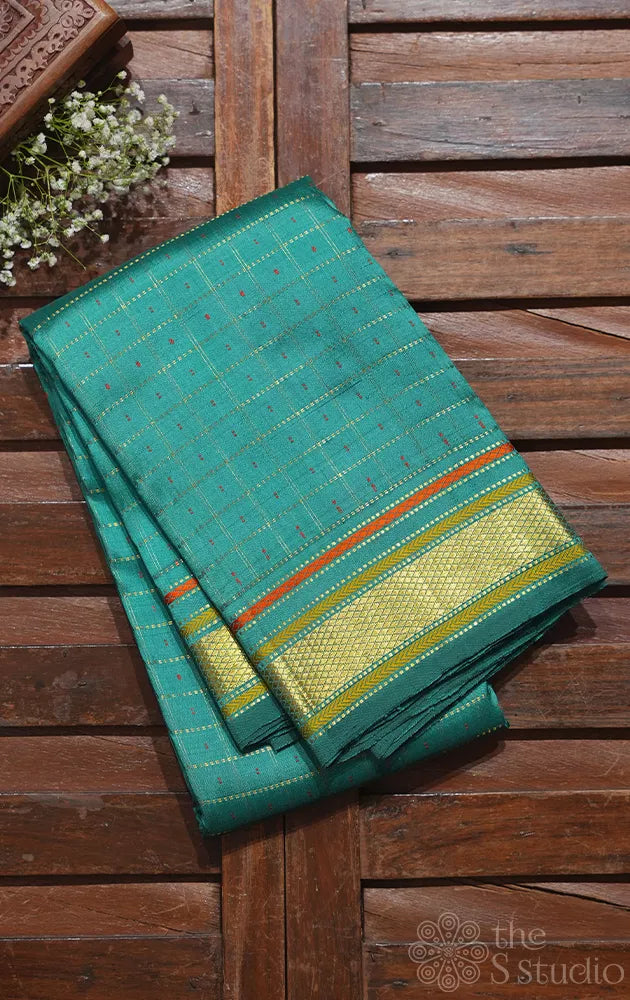 Sea green zari checked kanchi silk saree with small border
