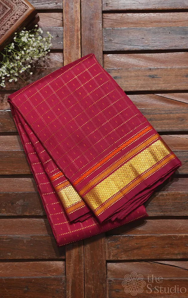 Red kanchipuram silk saree with zari checks