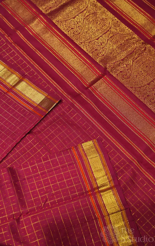 Red kanchipuram silk saree with zari checks