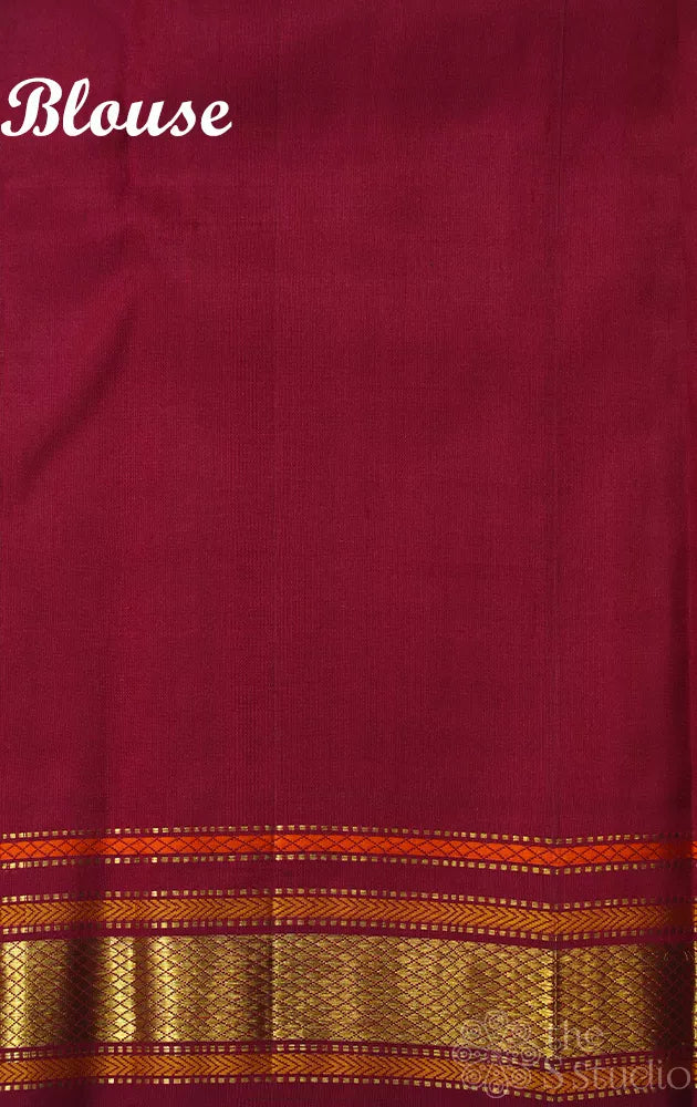 Red kanchipuram silk saree with zari checks