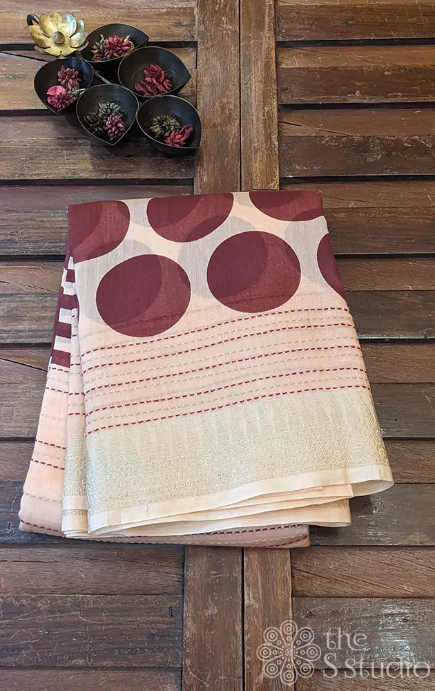 Light peach chanderi cotton saree with brown lines and circle prints