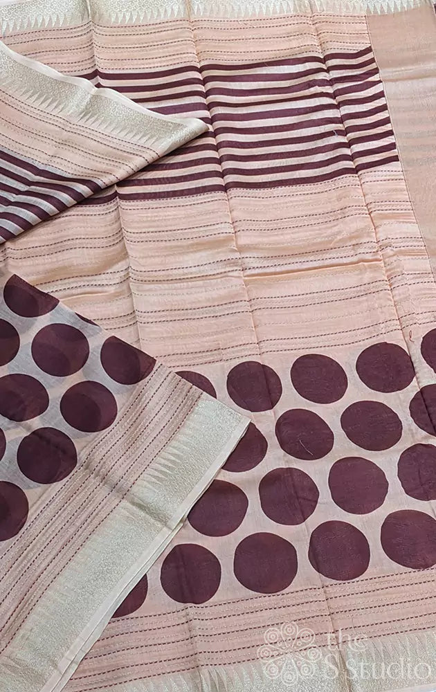 Light peach chanderi cotton saree with brown lines and circle prints