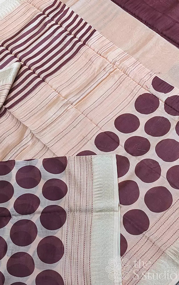 Light peach chanderi cotton saree with brown lines and circle prints