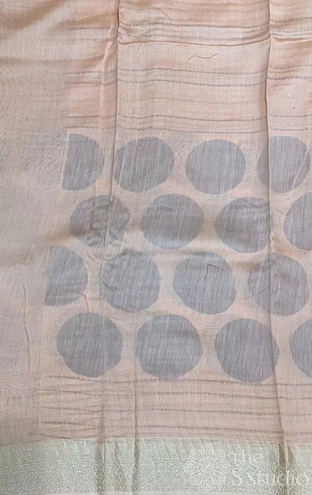 Light peach chanderi cotton saree with brown lines and circle prints