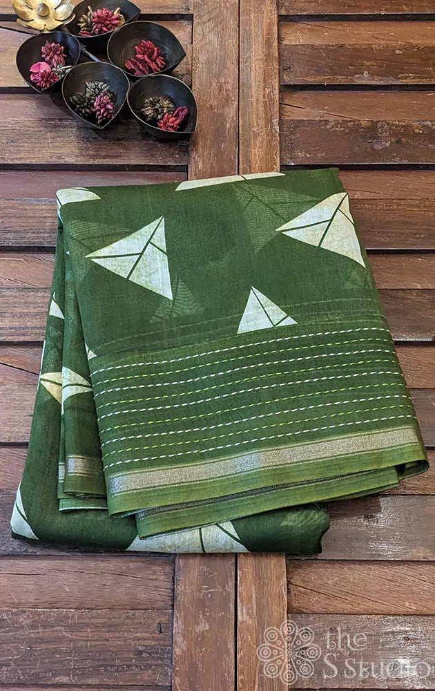 Green chanderi cotton saree with geometrical prints