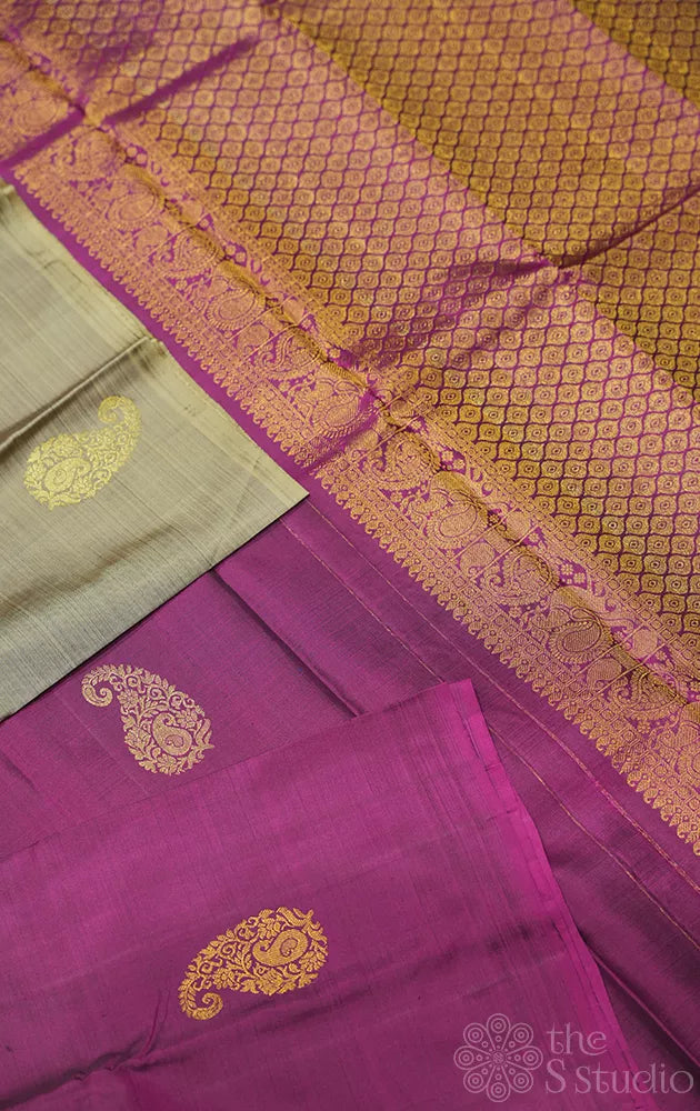 Grey and purple half and half kanjivaram silk saree with paisley motif