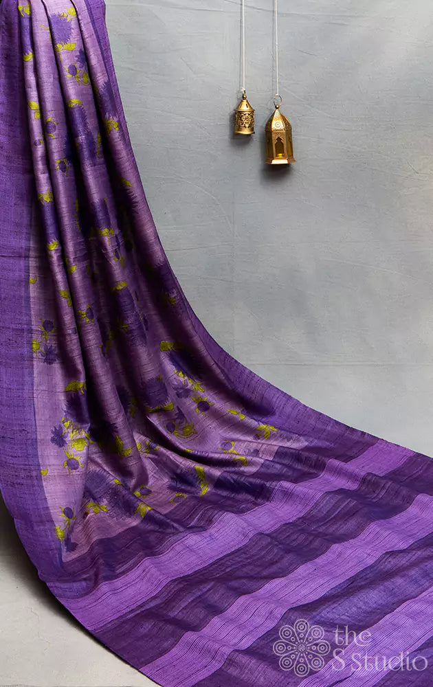 Lavender tussar silk saree with violet border