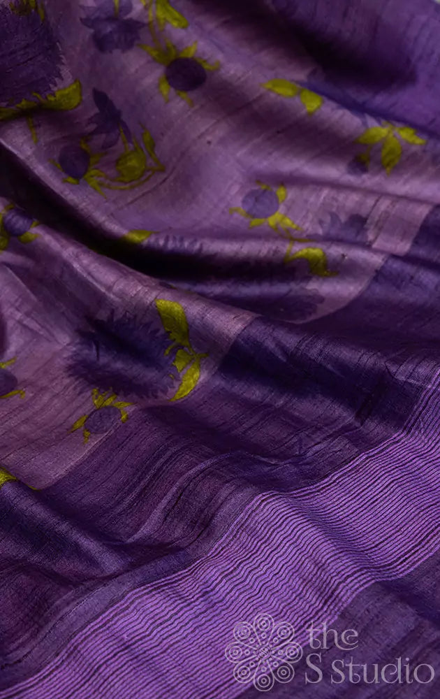 Lavender tussar silk saree with violet border