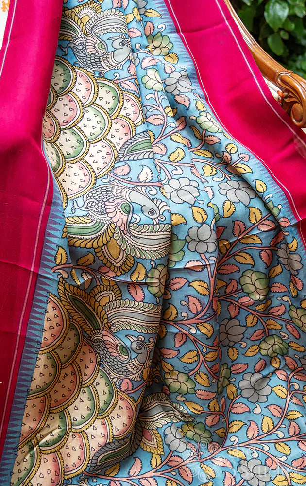 Beautiful Kalamkari Print Dupion Silk Fabric in Kanchi Borders – Siri  Collections