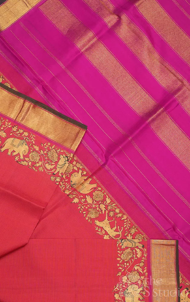Peach kanchi silk saree with hand painting along the zari border