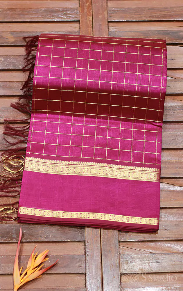 Magenta checked silk cotton saree with rettai pet border