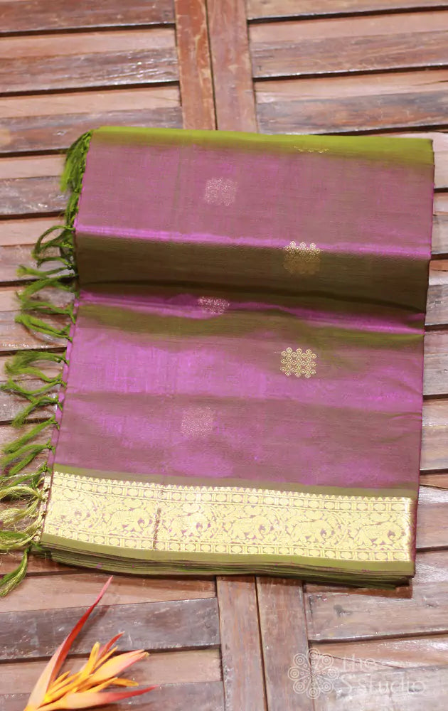 Greenish purple silk cotton saree with rich zari border