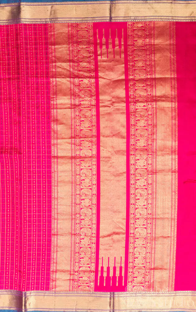 Pink checked silk cotton saree with zari border