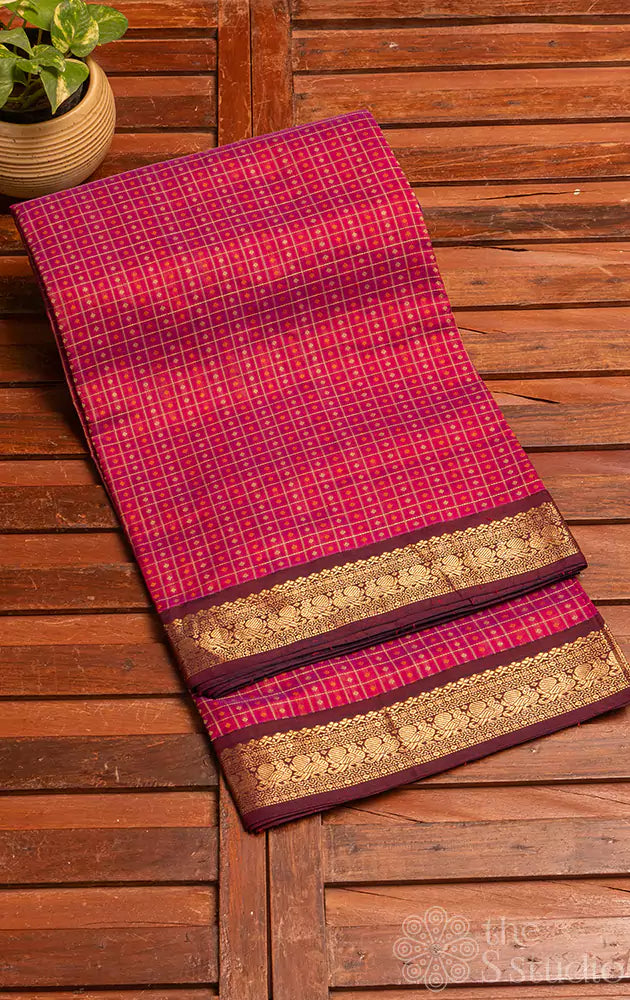 Maroon checked silk cotton saree with brown border