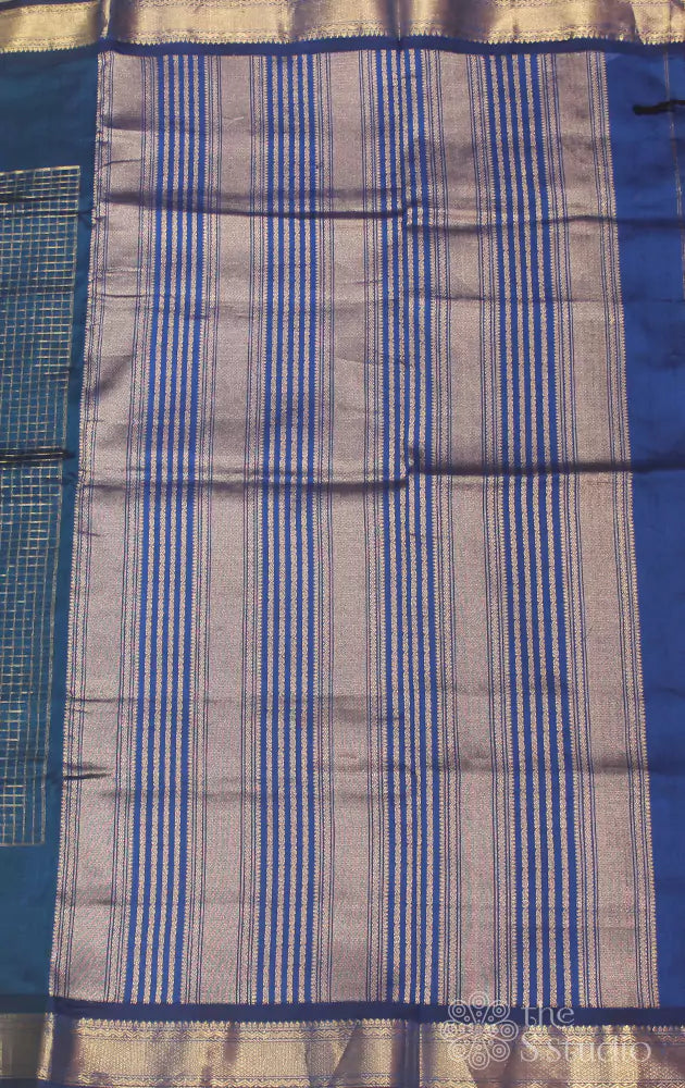 Peacock blue silk cotton saree with zari checks and peacock motifs