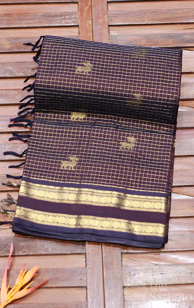 Brown silk cotton saree with zari checks and deer  motifs