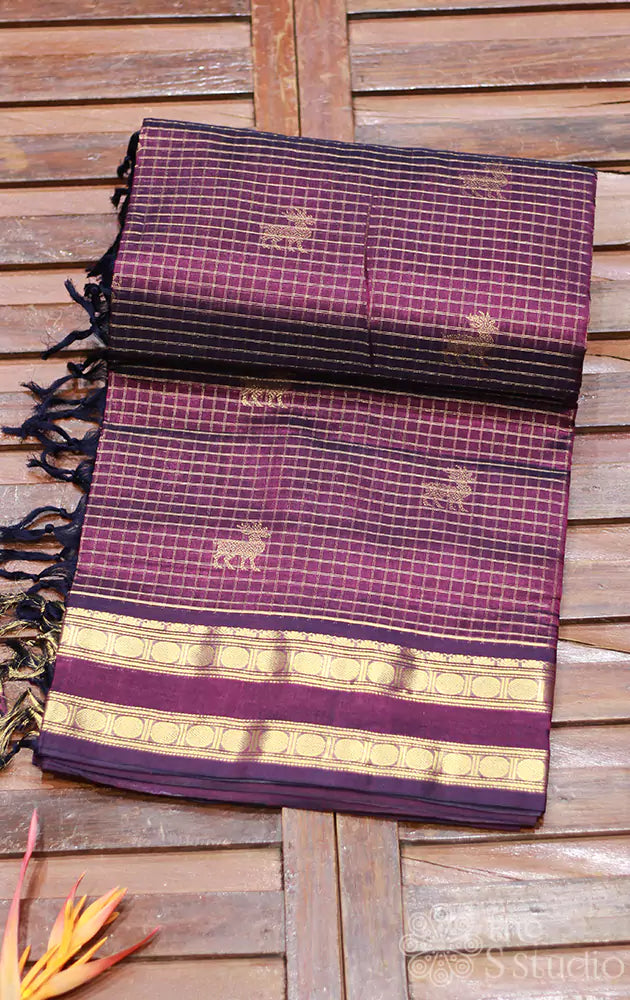 Purple silk cotton saree with zari checks and deer  motifs