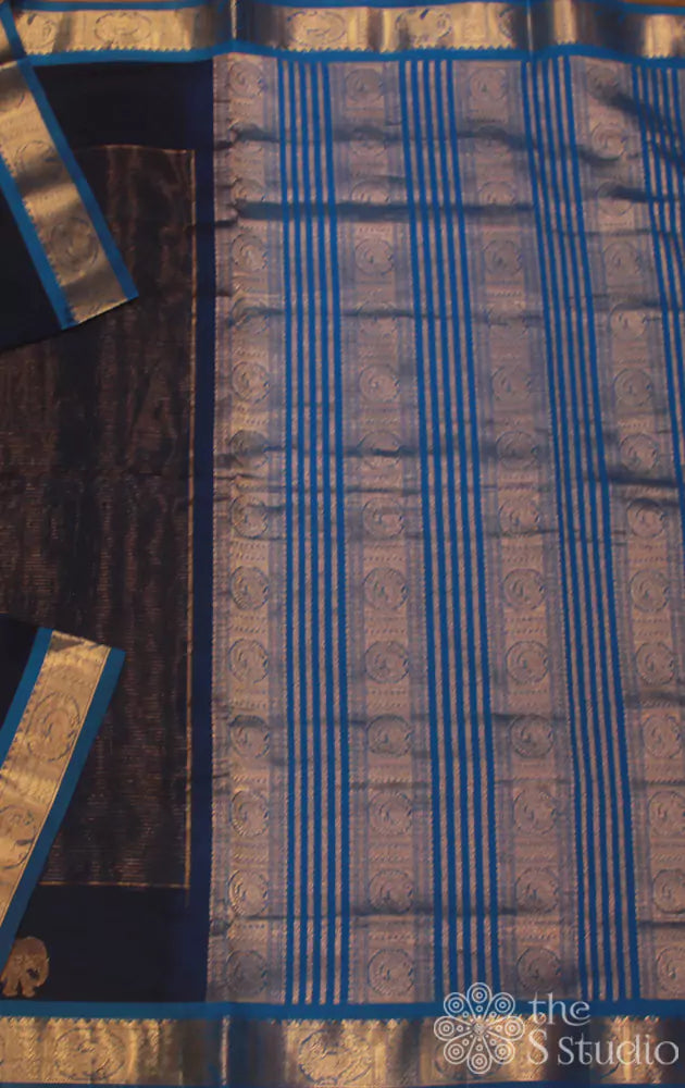 Royal blue silk cotton saree with zari checks and peacock motifs and light blue border