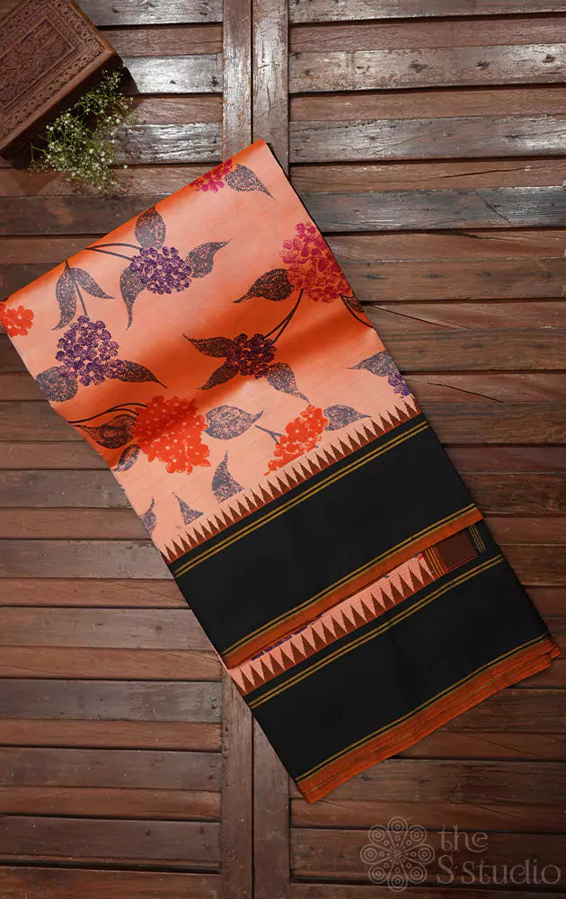 Light peach korvai kanchi silk saree with floral prints