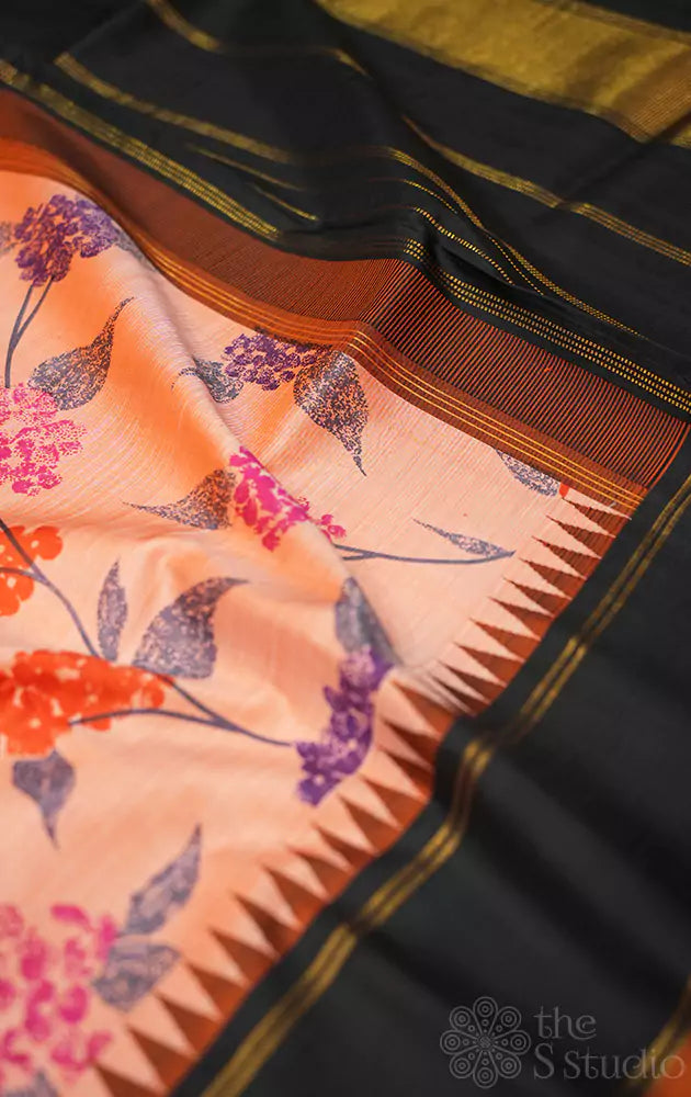 Light peach korvai kanchi silk saree with floral prints