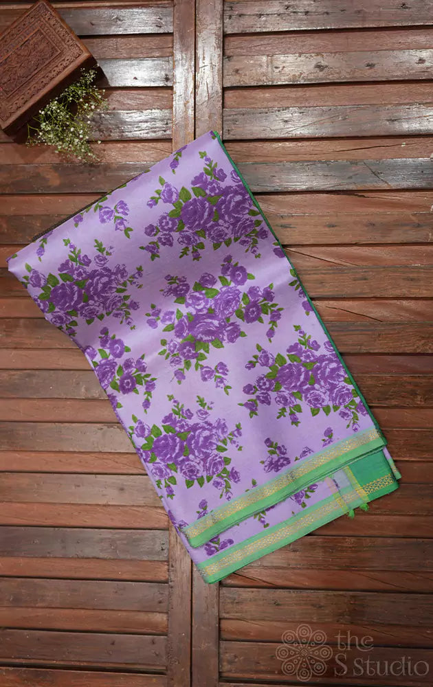 Lavender kanjivaram saree with violet prints and green pallu