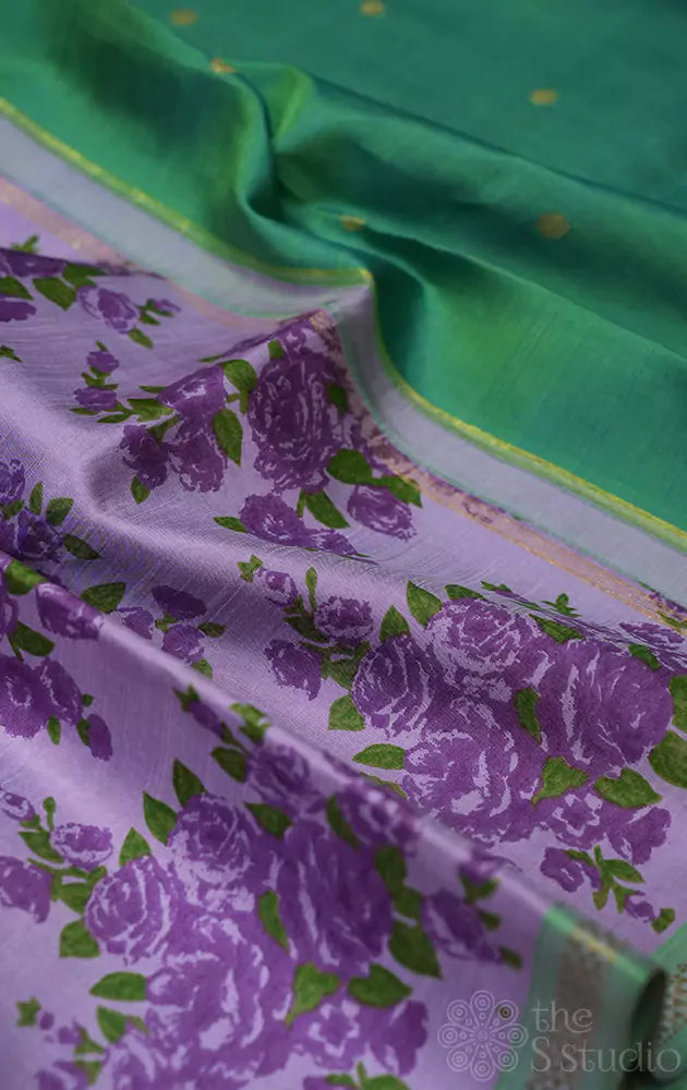 Lavender kanjivaram saree with violet prints and green pallu