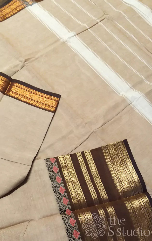 Light brown kanchi cotton saree with  brown long border