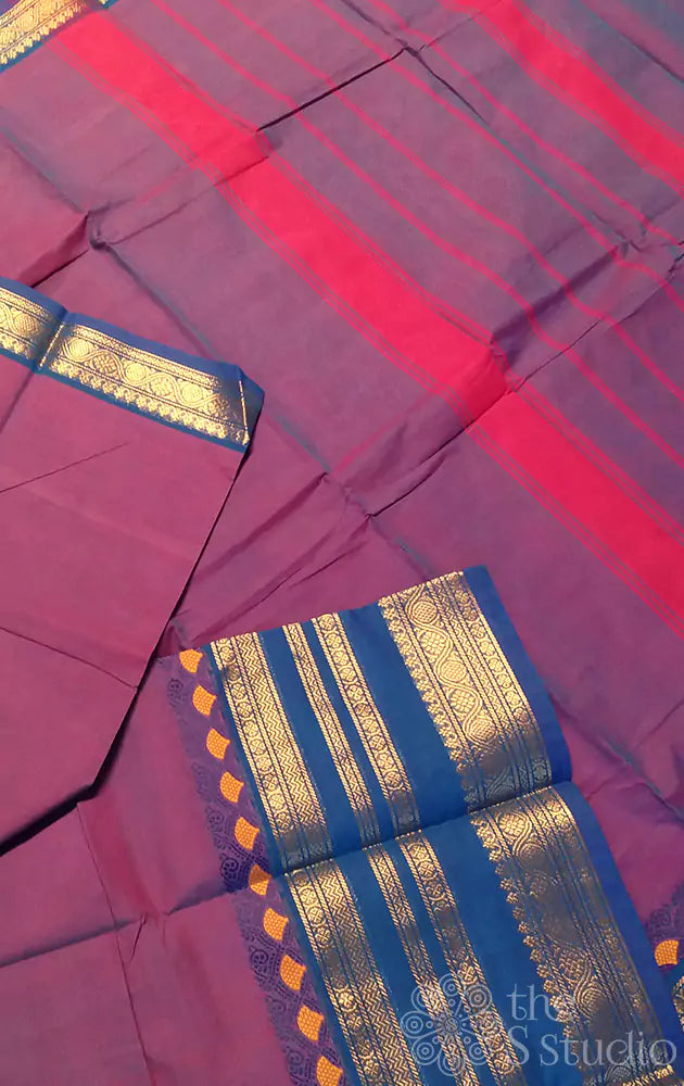 Purple kanchi cotton saree with  blue long border