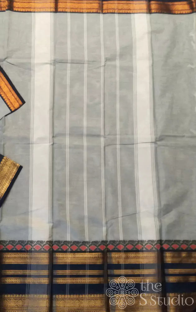 Grey kanchi cotton saree with  black long border