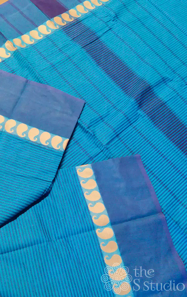 Light blue and blue horizontal lines kanchi cotton saree with blue border