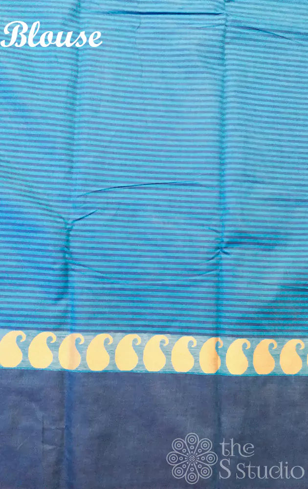 Light blue and blue horizontal lines kanchi cotton saree with blue border