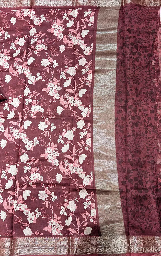 Maroon chanderi cotton saree with small antique zari border