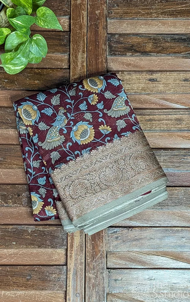 Brown chanderi cotton saree with floral prints