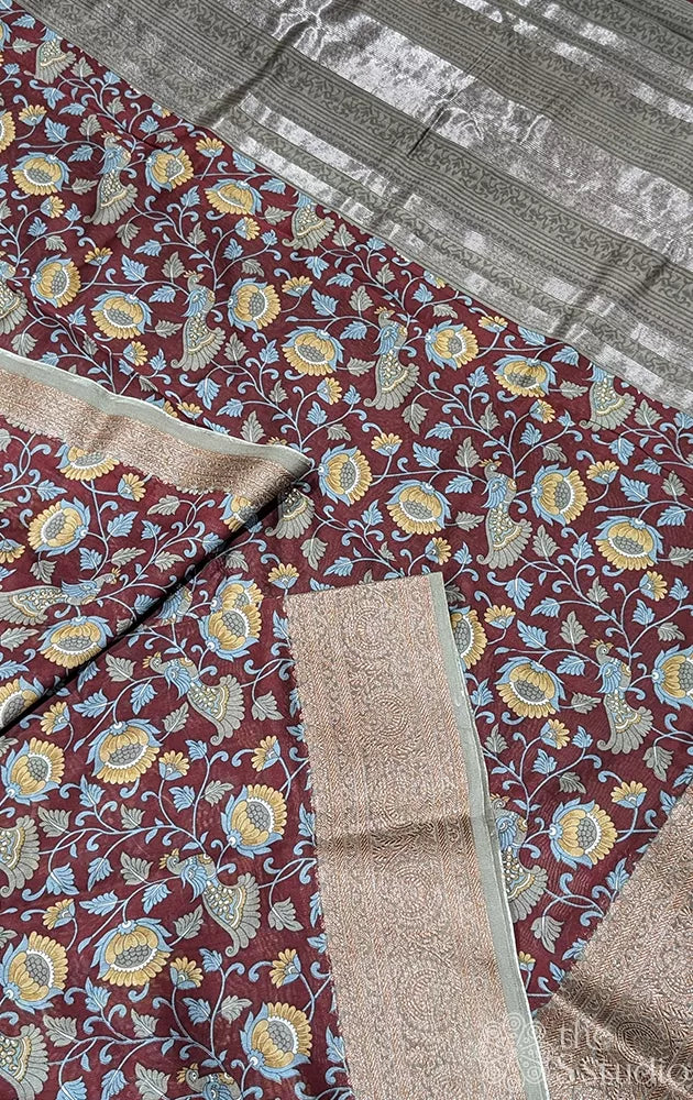 Brown chanderi cotton saree with floral prints