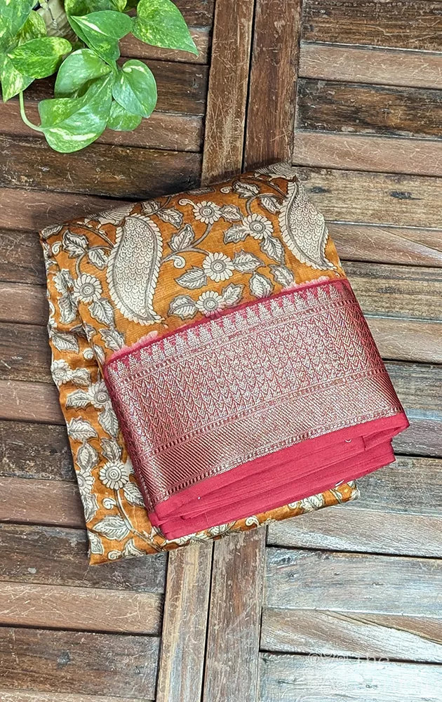 Mustard chanderi cotton saree with antique zari border