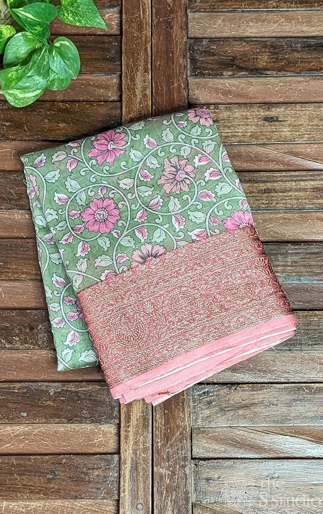 Green chanderi cotton saree with floral prints